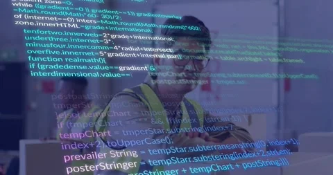 Korean warehouse operator calibrating gesture with scrolling code, inspecting Stock Footage 317159466