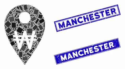 Korean Won Map Marker Mosaic and Scratched Rectangle Manchester Watermarks 스톡 일러스트