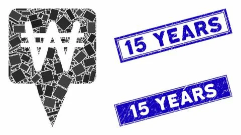 Korean Won Map Pointer Mosaic and Grunge Rectangle 15 Years Stamp Seals Stock Illustration