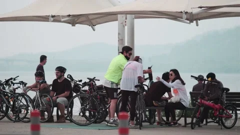 Korean's bicycling on Han River during Covid-19 Stock Footage 132108853