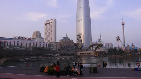 Koreans enjoy sightseeing Lotte World Tower, Seoul Stock Footage 100270592