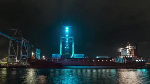 Kornett Container Ship Loading Maersk Cargo at Night Stock Footage 342184185
