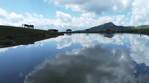 Koruldi Lakes Drone Footage | Reflected Clouds and Grazing Horses 4K Stock-Footage 312330989
