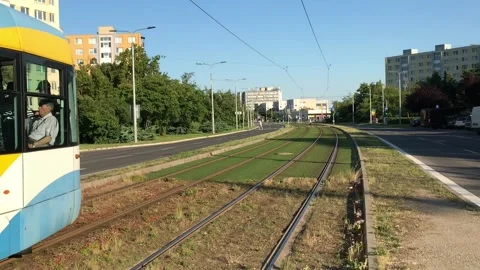 Kosice, Slovakia - 06/12/2022: Tramway stack with tram in blue yellow color Stock Footage 197386657