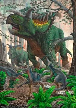 Kosmoceratops tramples over nesting Talos dinosaurs while fleeing from a forest Stock Illustration