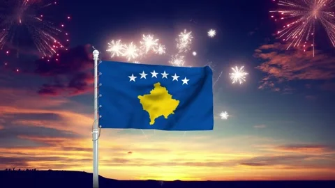 Kosovan flag waves proudly during a festive fireworks animation video display Stock Footage 341995569
