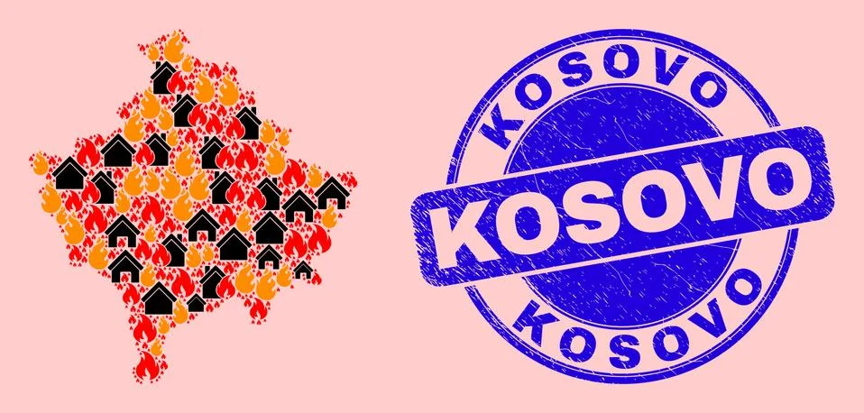 Kosovo Map Composition of Flame and Houses and Distress Kosovo Stamp Stock Illustration