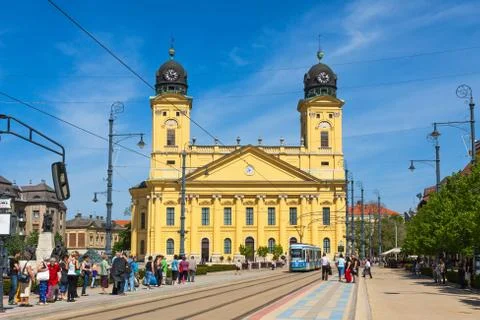Kossuth square and Protestant Great Church in Debrecen, Hungary Stock Photos