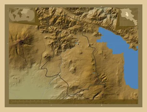 Kotayk, Armenia. Colored elevation map with lakes and rivers Stock Illustration