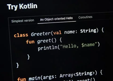 Kotlin programming language piece of code on a screen. 스톡 사진