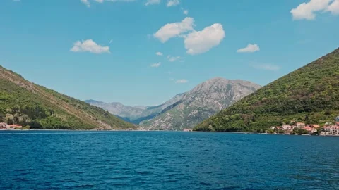 Kotor Bay ferry view to Our Lady of the Rocks, Montenegro Stock Footage 333642964