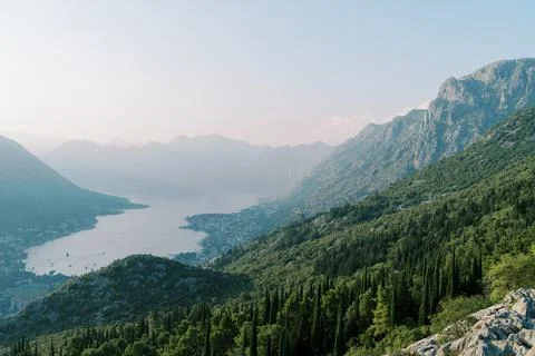 Kotor Bay panoramic view with mountains and forest Stock Photos