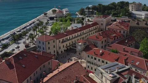Kotor bell tower and square in old town, aerial view. Stock Footage 234050150