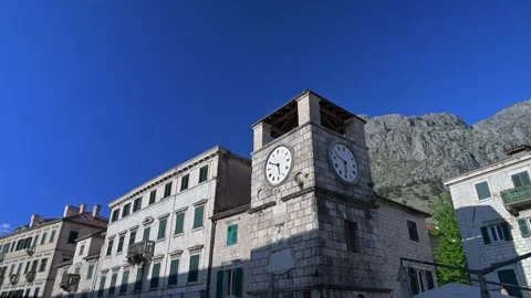 Kotor clock tower in the main square of the old town in Montenegro Stock Footage 340431208