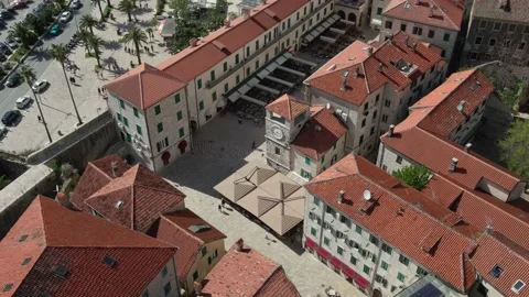 Kotor clock tower in old town, aerial view Stock Footage 232802833