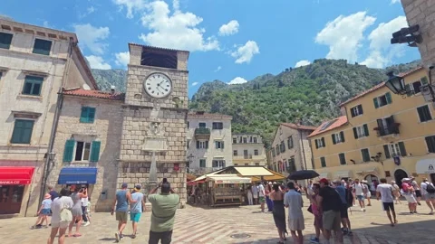 Kotor Clock Tower in the Square of Arms Stock Footage 344088380