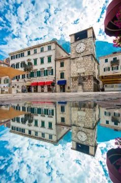 Kotor, main square with clock tower Stock Photos