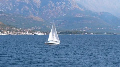 Kotor, Montenegro-August 22, 2017: Luxurious Sailing Yacht Floats In Azure Sea Stock Footage 89756315