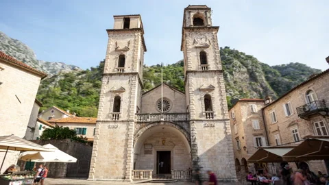 Kotor Montenegro cathedral hyper-lapse: time-lapse of catholic Christian stone Stock Footage 232321253