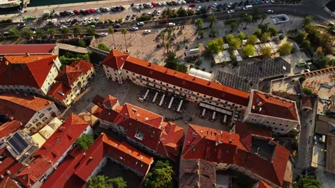 Kotor Montenegro Clock Tower and Market Canopies on a Main Square Aerial Stock Footage 345529631