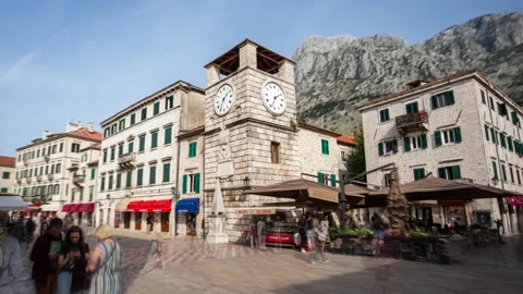 Kotor Montenegro hyper-lapse: time-lapse of stone clock tower, on  the Square of Stock Footage 232315775