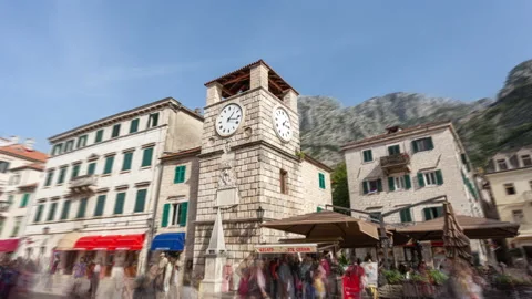 Kotor Montenegro hyper-lapse: time-lapse of stone clock tower, on  the Square of Stock-Footage 232318246