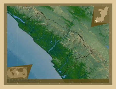 Kouilou, Republic of Congo. Colored elevation map with lakes and rivers Stock Illustration