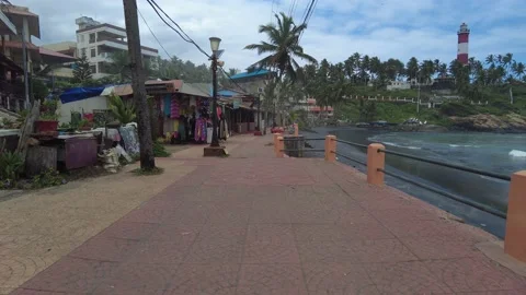 Kovalam beach pathway, Thiruvananthapuram, Kerala, seascape view Stock Footage 201643553