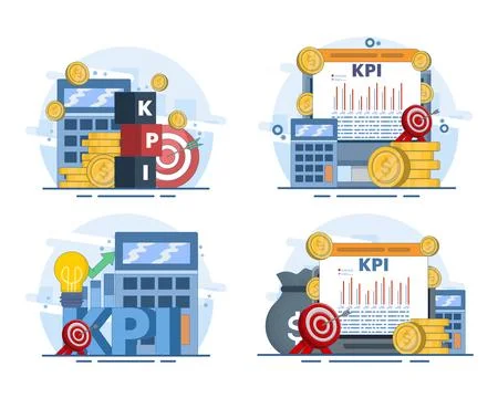 KPI business dashboard set featuring performance indicators, data reports. Stock Illustration