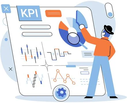 KPI. Business. Graphs visually depict datrelationships and trends. Optimization Illustrazione stock
