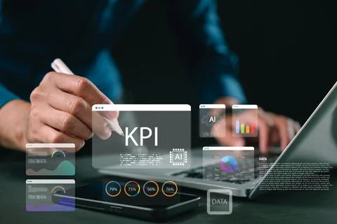 KPI dashboard features data analytics using ai technology, showing person h.. Stock Photos