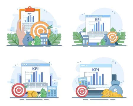 KPI dashboard set, key performance indicators, business analytics. Stock Illustration