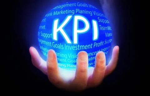 KPI globe in hand blue,concept background isolated black business Stock Illustration