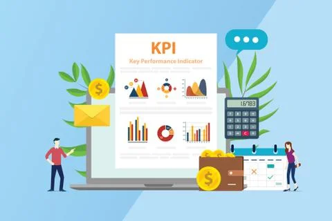 Kpi key performance indicator concept with business report graphic and people Stock Illustration