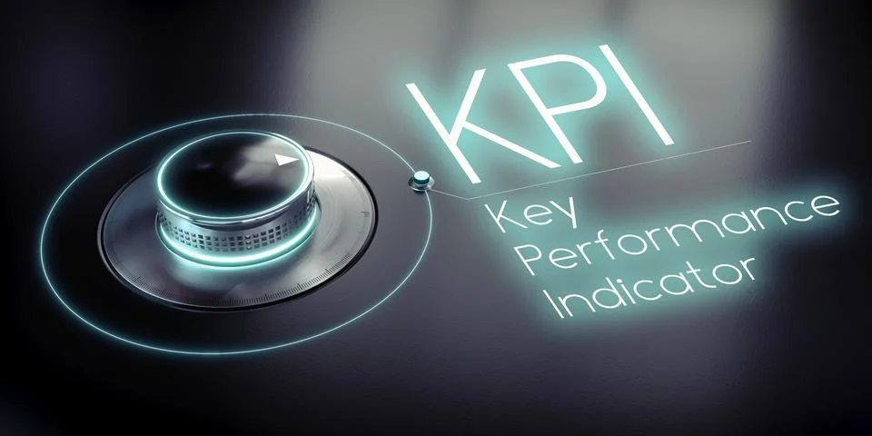 KPI, Key Performance Indicator - rotary knob and glowing word - 3D illustrati Stock Illustration