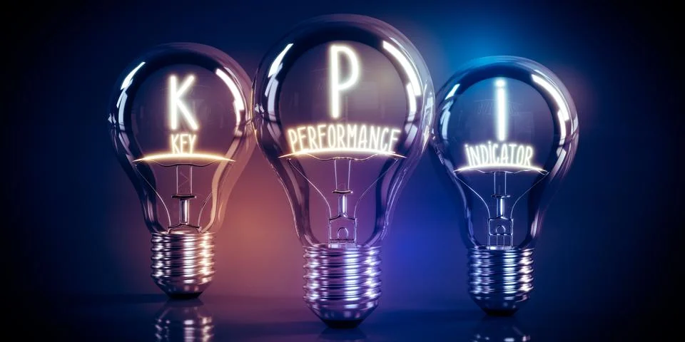 KPI, key performance indicators concept - shining light bulbs Illustrazione stock