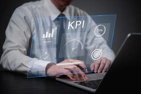 KPI Key Performance Indicators dashboard displaying metrics, data analysis,.. Stock Photos