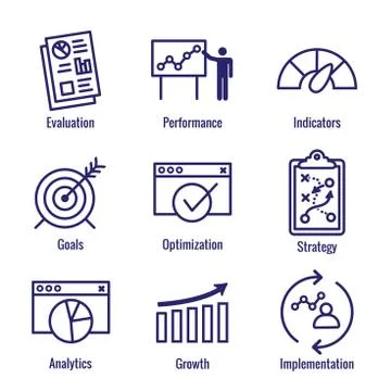 KPI - Key Performance Indicators Icon set w Evaluation, Growth, Strategy, etc Stock Illustration