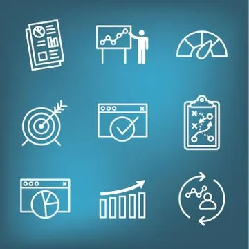 KPI - Key Performance Indicators Icon set w Evaluation, Growth, Strategy, etc Illustrazione stock