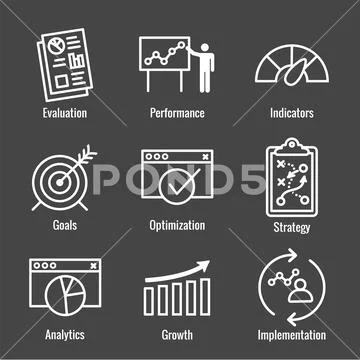 KPI - Key Performance Indicators Icon set w Evaluation, Growth ...