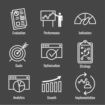 KPI - Key Performance Indicators Icon set w Evaluation, Growth, Strategy, etc Illustrazione stock