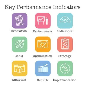 KPI - Key Performance Indicators Icon set w Evaluation, Growth, Strategy, etc Stock Illustration