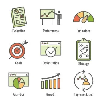 KPI - Key Performance Indicators Icon set w Evaluation, Growth, Strategy, etc 스톡 일러스트