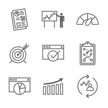 KPI - Key Performance Indicators Icon set w Evaluation, Growth, Strategy, etc Stock Illustration