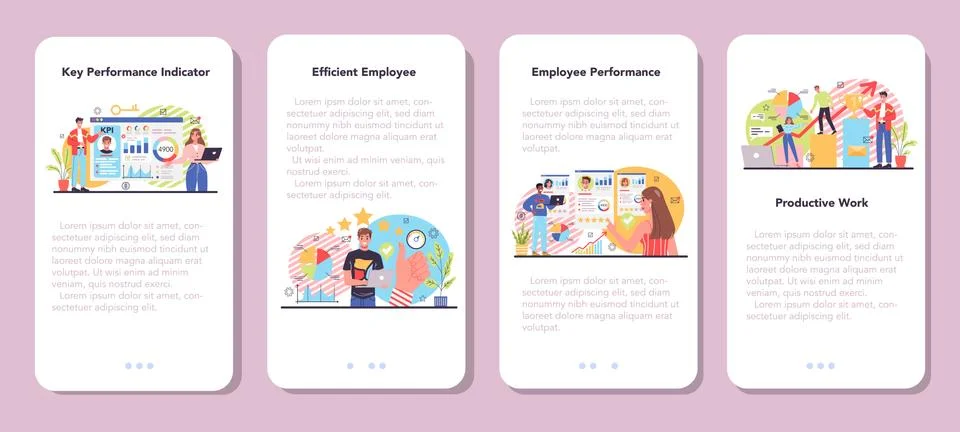 KPI mobile application banner set. Employee evaluation, testing Stock Illustration