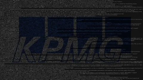 KPMG logo made of source code on computer screen. Editorial loopable animation Stock Footage 92205004