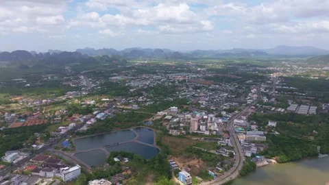 Krabi old town high-angle view with boats and river, Thailand Stock Footage 303504342