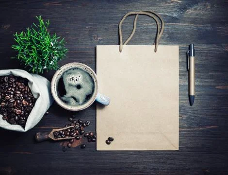 Kraft bag, coffee Stock Photos