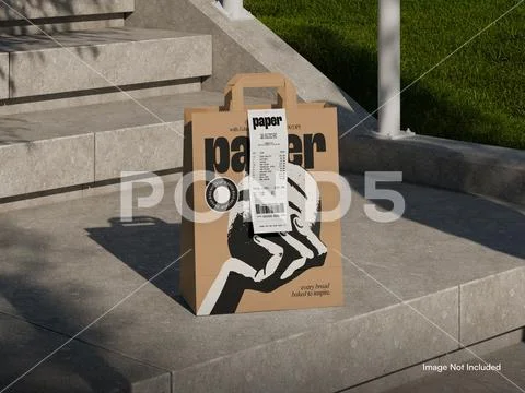 Kraft Paper Bag Mockup with Receipt on Concrete Stairs PSD Template