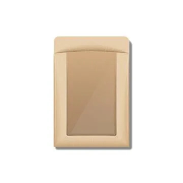 Kraft paper empty packaging bag with transparent window blank mockup isolat.. Illustrazione stock